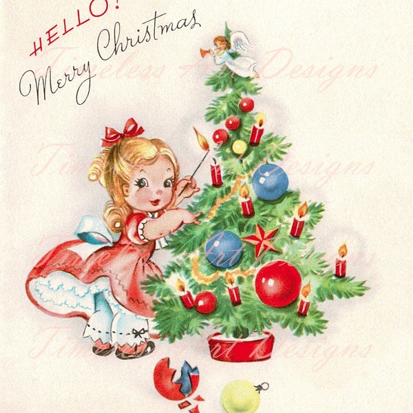 Vintage Printable Girl Digital Download Image, Pretty Little Girl In Fancy Dress Lights The Candles On The Tree, Vintage Christmas Card!