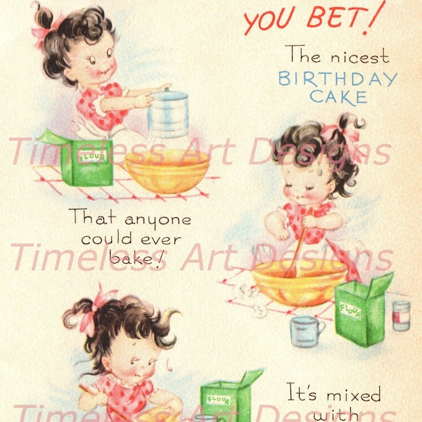 Digital Download Image,  Pretty Young Lady Baking A Birthday Cake, Vintage Birthday Card! 3 jpgs.