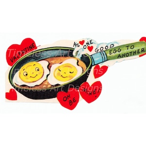 Imagen imprimible digital para descargar de San Valentín vintage, adorables huevos fritos antropomórficos en una sartén, ¡tarjeta de San Valentín vintage!