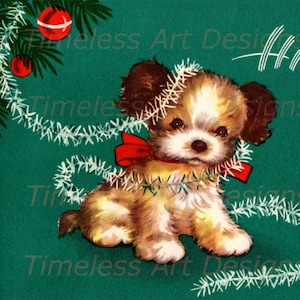 Immagine scaricabile in digitale, simpatico cucciolo di cane che gioca con la decorazione dell'albero di Natale, biglietto di Natale vintage, cucciolo di cane vintage stampabile!