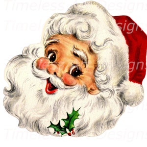 May include: A vintage illustration of Santa Claus's face with a white beard and a red hat. He is smiling and holding a sprig of holly with red berries.