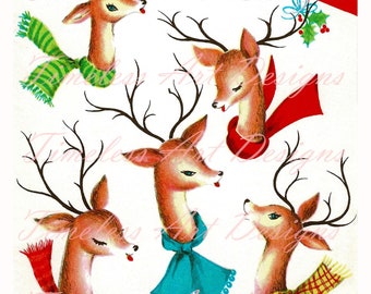Digital Download Retro Reindeer Printable PNG JPG Clipart Vintage 50s Christmas Card  Reindeer Wearing Scarves MCM Kitschy Holiday Graphic!