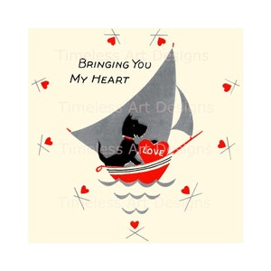 ¡Descarga digital, imagen de tarjeta de San Valentín vintage imprimible con un lindo perro escocés en un velero!