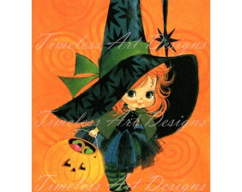 Retro Halloween Witch Printable, Trick Or Treat Card (Digital Download)