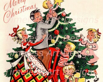 Digital Download Image, Adorable Family, Mom, Dad & Kids Decorating The Christmas Tree. Vintage Christmas Card, Christmas Printable!