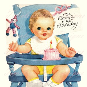 Imagem de download digital, bebê fofo sentado na cadeira alta. Bolo Rosa, primeiro cartão de aniversário do bebê. Bebê fofo para imprimir!