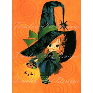 Strega retrò di Halloween stampabile, biglietto "dolcetto o scherzetto" (download digitale)
