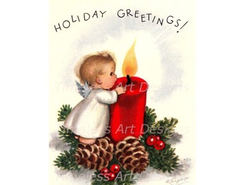 Digital Download Image, Darling Baby Angel, Cherub, Candle, Vintage Christmas Card , Christmas Angel Printable!