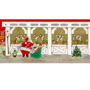 May include: A vintage Christmas card illustration of Santa Claus in a red suit with white trim, standing in a stable with a bag of gifts. He is surrounded by six reindeer in stalls with names above each stall: Dasher, Dancer, Prancer, Vixen, Comet, Cupid, Donner, Blitzen. There is a small Christmas tree in the foreground.