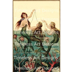 Imagen de descarga digital imprimible de sirena vintage, hermosas sirenas con perlas, imagen de postal antigua, gráficos de sirena vintage!