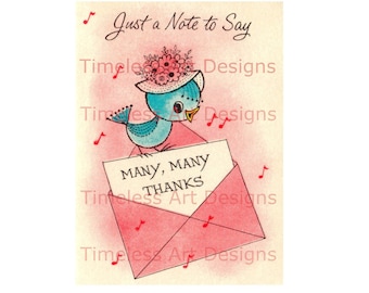 Digital Download Vintage Thank You Card Printable Clipart Adorable Retro Little Bluebird Wearing A Pink Bonnet Imagery!
