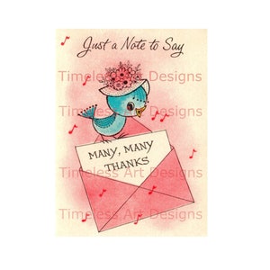 Digital Download Vintage Danke, Karte, druckbare Clipart, Liebenswert, Retro Little Bluebird tragen eine rosa Mütze!