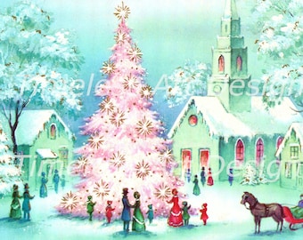 Digital Download Image, Beautiful Pink Christmas Tree, People, Village, Vintage Christmas Card, Pink Pinkmas Tree Printable!