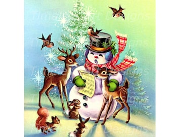 Vintage Christmas Card Image, Snowman Caroling with Reindeer (Digital Download)