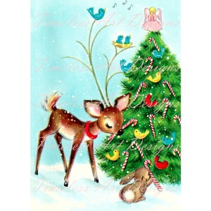 Digital Download Image, Cute Reindeer, Woodland Animals, Christmas Tree, Vintage Christmas Greeting Card! Deer Printable. Digital Paper!