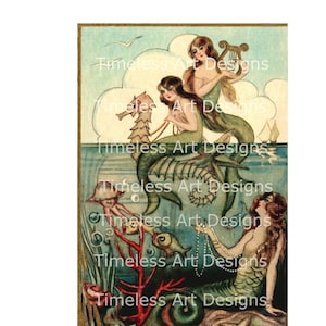 Imagen de descarga digital imprimible de sirena vintage ¡Hermosas sirenas en una imagen de tarjeta de felicitación de caballito de mar, gráfico de sirena!