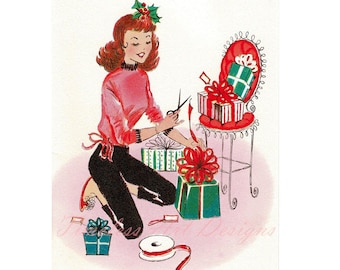 Retro Christmas Lady Wrapping Presents Image (Digital Download)