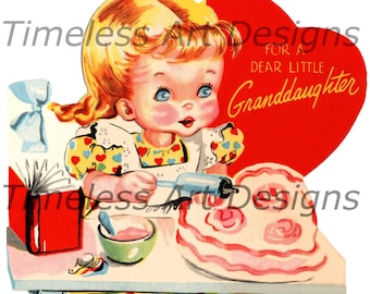 Vintage Digital Image, Sweet Little Girl Icing/Frosting A Cake, Vintage Valentine Card, Valentine Printable!