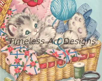 Vintage Kitten in sweater with Flower Basket Notecard By Sangamon Unused