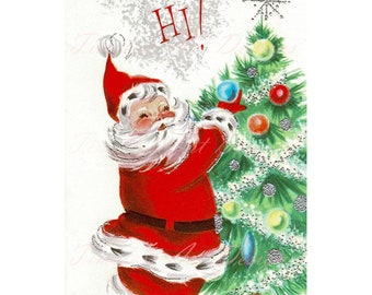 May include: A vintage Christmas card featuring Santa Claus decorating a green Christmas tree with colorful ornaments. The card has a silver glitter background and the text "Hi!" in red.