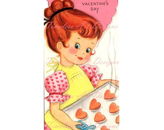 Vintage Digital Image, Sweet Little Girl Baking Valentine Heart Cookies, Vintage Valentine Card Printable!
