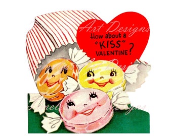 Digital Download Sweet Anthropomorphic Bag Of Candies Vintage Retro Valentine Card Valentine Clipart Printable!