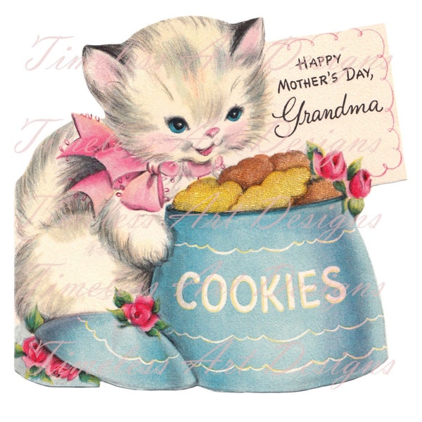 Digital Download Image, Darling Little Kitten Cat Holding A Big Cookie Jar, Vintage Mothers Day Card, Vintage Kitty Printable!