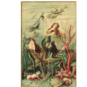 Imagen de descarga digital imprimible de sirena vintage, hermosas sirenas con perlas, tarjeta de felicitación retro, gráficos de sirena.
