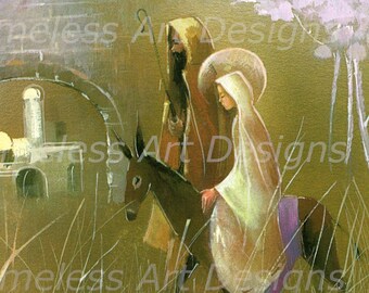 Imagen de descarga digital: José y la Santísima Virgen María entran en Belén. Tarjeta navideña religiosa vintage. ¡Navidad imprimible!