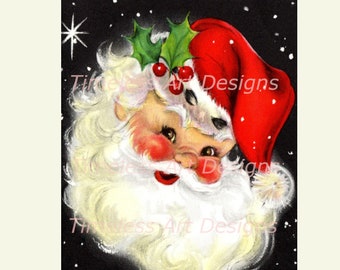 Digital Download Image, Jolly Santa Claus Face, Red Santa Hat, Smiling Santa, Holly Berry, Vintage Christmas Card. Retro Santa Printable.