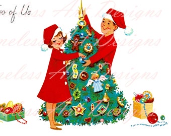Imagen de descarga digital: linda pareja retro decorando el árbol de Navidad, imagen de tarjeta navideña vintage. Un jpg y un png.