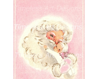 Digital Download Image Santa Claus Printable Santa Claus lovingly Embracing Angel Child, Vintage Pink Christmas Card Image!