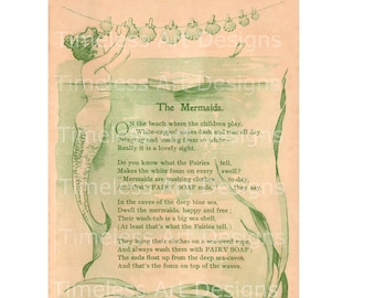Vintage Sweet Mermaid Poem Printable Digital Download Image,  Vintage Mermaid , Siren, Print!