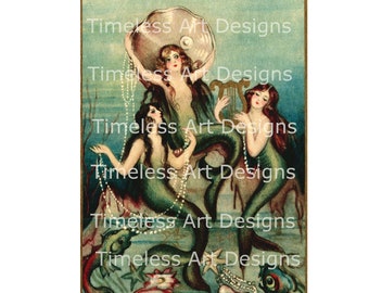 Imagen de descarga digital imprimible de sirena vintage Hermosas sirenas con concha de ostra grande, imagen de postal antigua, imagen de tarjeta de felicitación!
