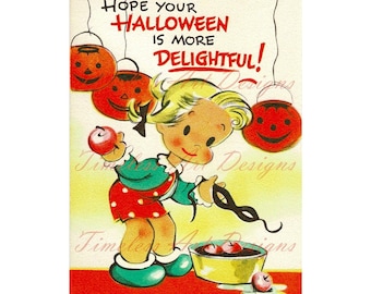 Imagen de descarga digital de Halloween, linda niña, calabaza, fantasma, murciélago, manzana flotando, tarjeta espeluznante vintage, clipart imprimible. ¡2 imágenes jpg!