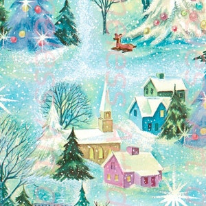 Immagine digitale scaricabile, Villaggio di Natale, Alberi di Natale, Renne. Immagine di carta da regalo di Natale vintage, Stampabile di Natale!