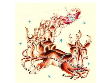 Vintage Reindeer Printable Digital Download Image, Santa Claus & Reindeer In Sleigh, Vintage Christmas Card Image!