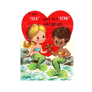Immagine scaricabile in digitale, dolci amiche della sirenetta. Biglietto di San Valentino vintage, stampabile con sirena vintage!