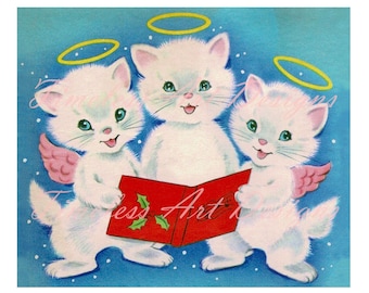 Vintage Christmas Angel Kittens Caroling, Pink Holiday Card Image (Digital Download)