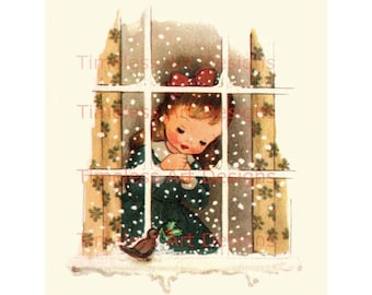 Digital Download Image, Pretty Young Lady In The Window Admires A Little Bird On A Snowy Ledge. Vintage Christmas Card Image!