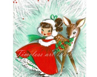 ¡Imagen de tarjeta navideña vintage retro imprimible, bella joven vestida de rojo con renos, descarga digital!