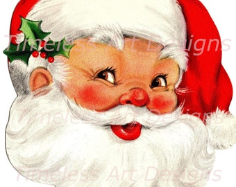 Immagine di download digitale, volto di Babbo Natale, cappello rosso di Babbo Natale, holly berry, cartolina di Natale vintage. 2 jpg.