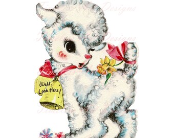 Digital nedladdning Retro påsklamm utskrivbar clipart Söt lamm med klockor och rosett Från tide till svans Vintage påskkortbild för påskpyssel!