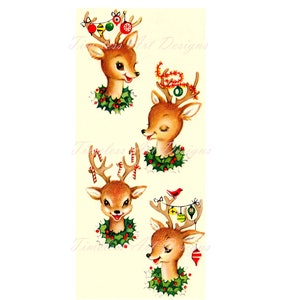 Immagine da scaricare in digitale, renna carina che indossa ornamenti e ghirlande natalizie, biglietto di Natale vintage. Renna stampabile!