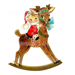 Imagen de descarga digital, adorable bebé montado en un reno, ¡tarjeta navideña retro vintage! Bebé navideño imprimible. jpg y png