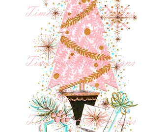 Digital Download Image, Beautiful Pink Retro Christmas Tree, Ornaments, Snowflakes, Gifts, Vintage Christmas Pinkmas Card Image!