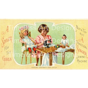 Sofortiger digitaler Download Singer Sewing Ad Sweet Girl Sewing Kleider für Dolly Antique Singer Nähmaschine Werbung Printable!
