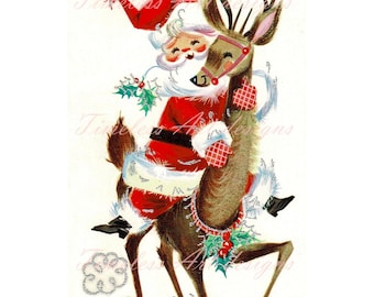 Vintage Santa Claus Riding Reindeer Image (Digital Download)