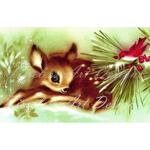 Image à téléchargement numérique, Chéri, petit faon, bébé cerf avec oiseau, carte de Noël rétro vintage. Cerf mignon à imprimer !
