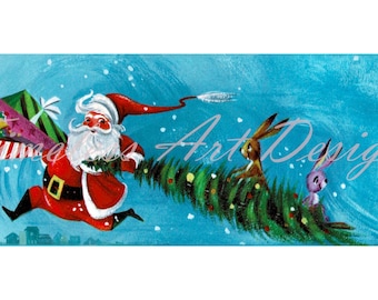 ¡Descarga digital, clipart imprimible de Papá Noel, conejitos, imagen de tarjeta navideña retro vintage!